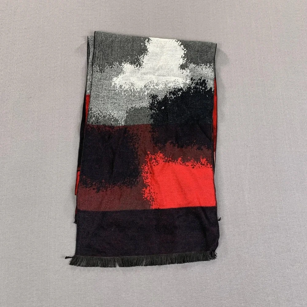 Steven Land Scarf Mens‎ One Size Red Black Abstract Colorblock Fringe Viscose